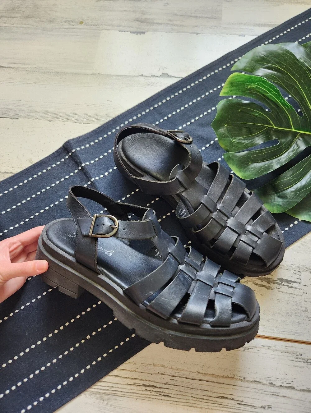 Free People Delaney Fisherman Platform Sandals Leather Black Size 39 US 8.5